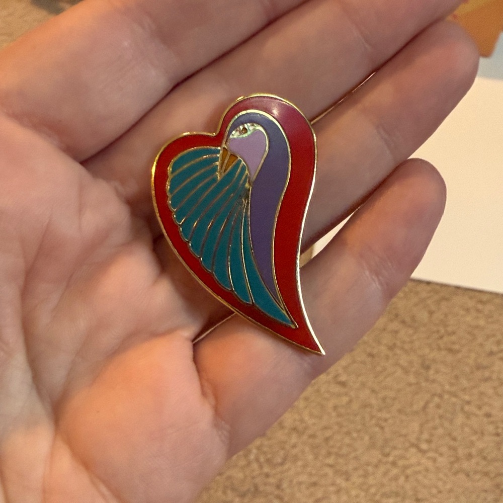 Laurel Burch Red, Teal & Purple Heart Bird Enamel Brooch